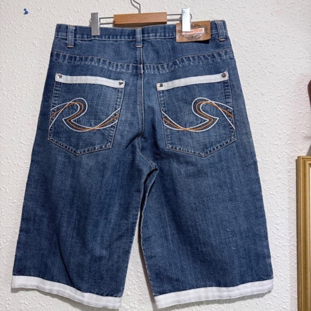 Raw Blue Denim Jean Shorts‎ Embroidered Pockets White Hem Menswear